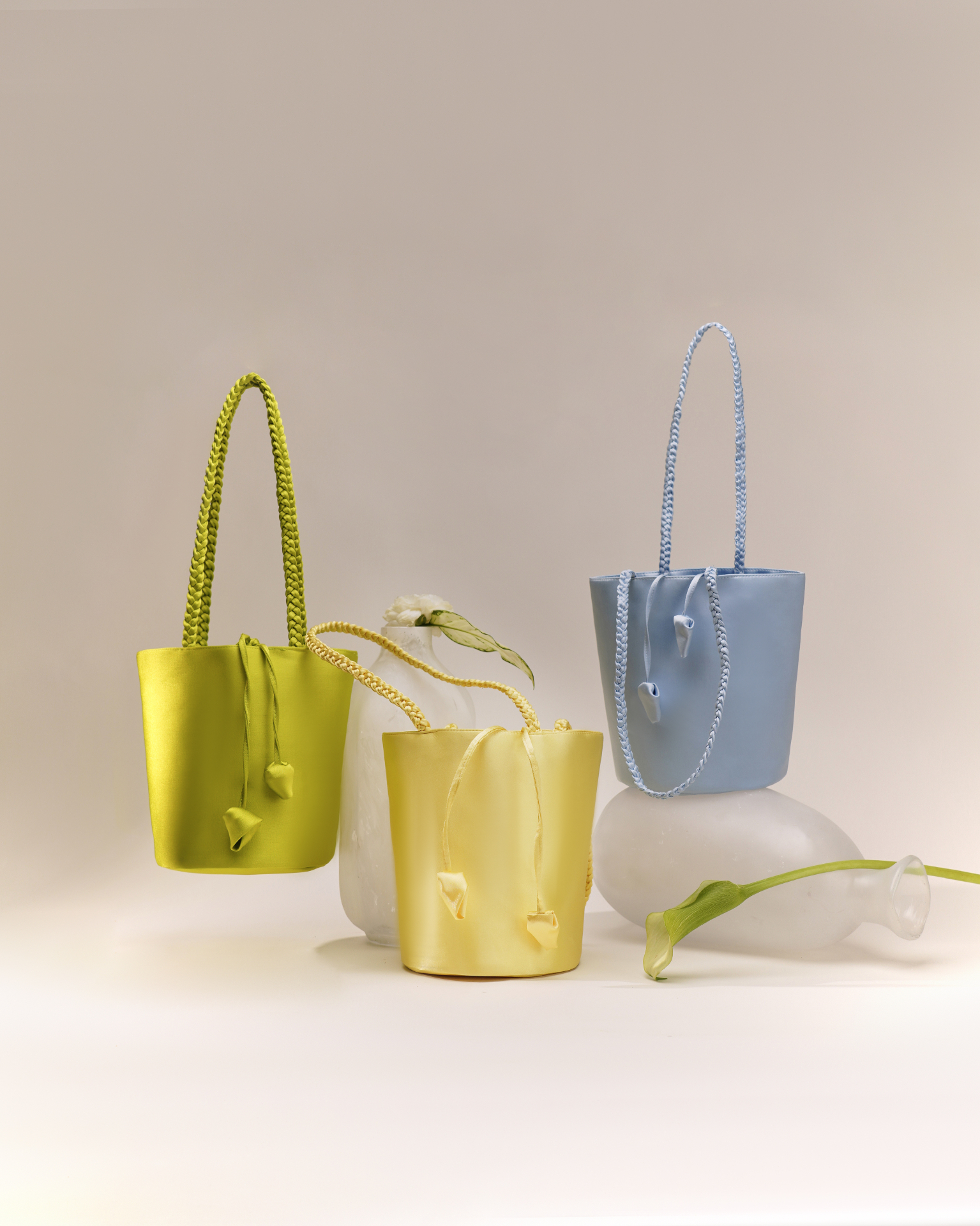 BBold bucket bags in chartreuse, butter and sky blue